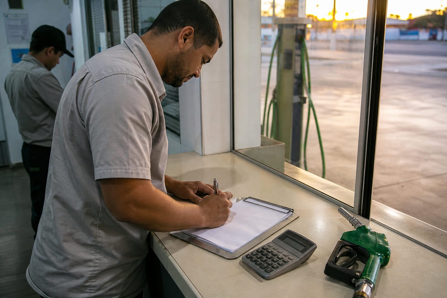 Mãos de um dono de posto com calculadora e papéis sobre a mesa da sala dos fundos, com as bombas visíveis pela janela