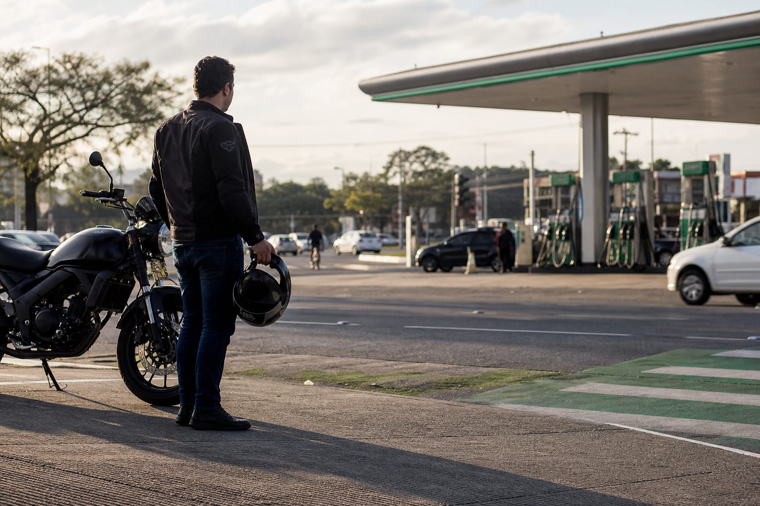 Homem com capacete na mão ao lado da moto observando um posto de combustível do outro lado da avenida
