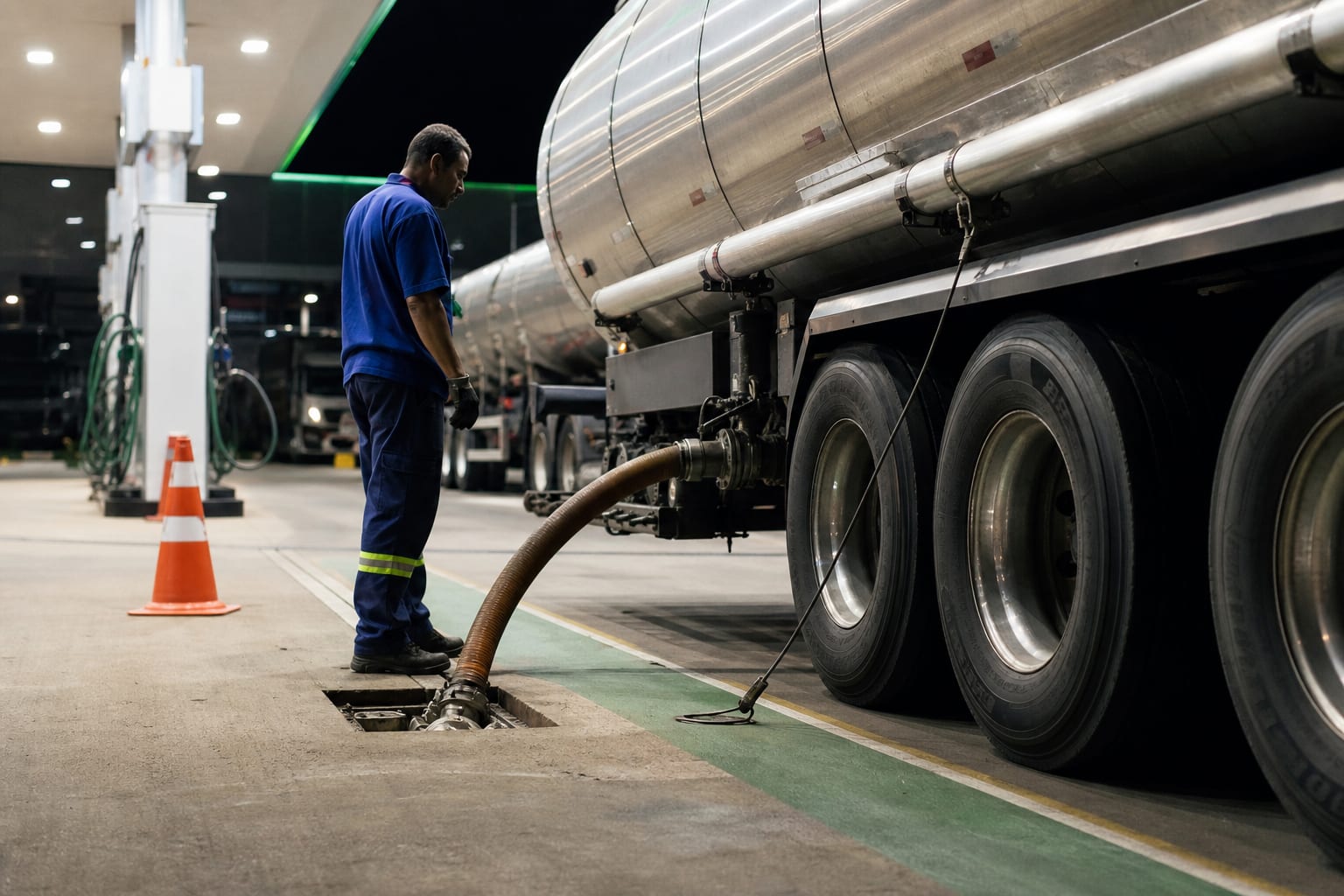 Caminhão-tanque descarregando combustível à noite em um posto, com mangueira e cabo de aterramento conectados