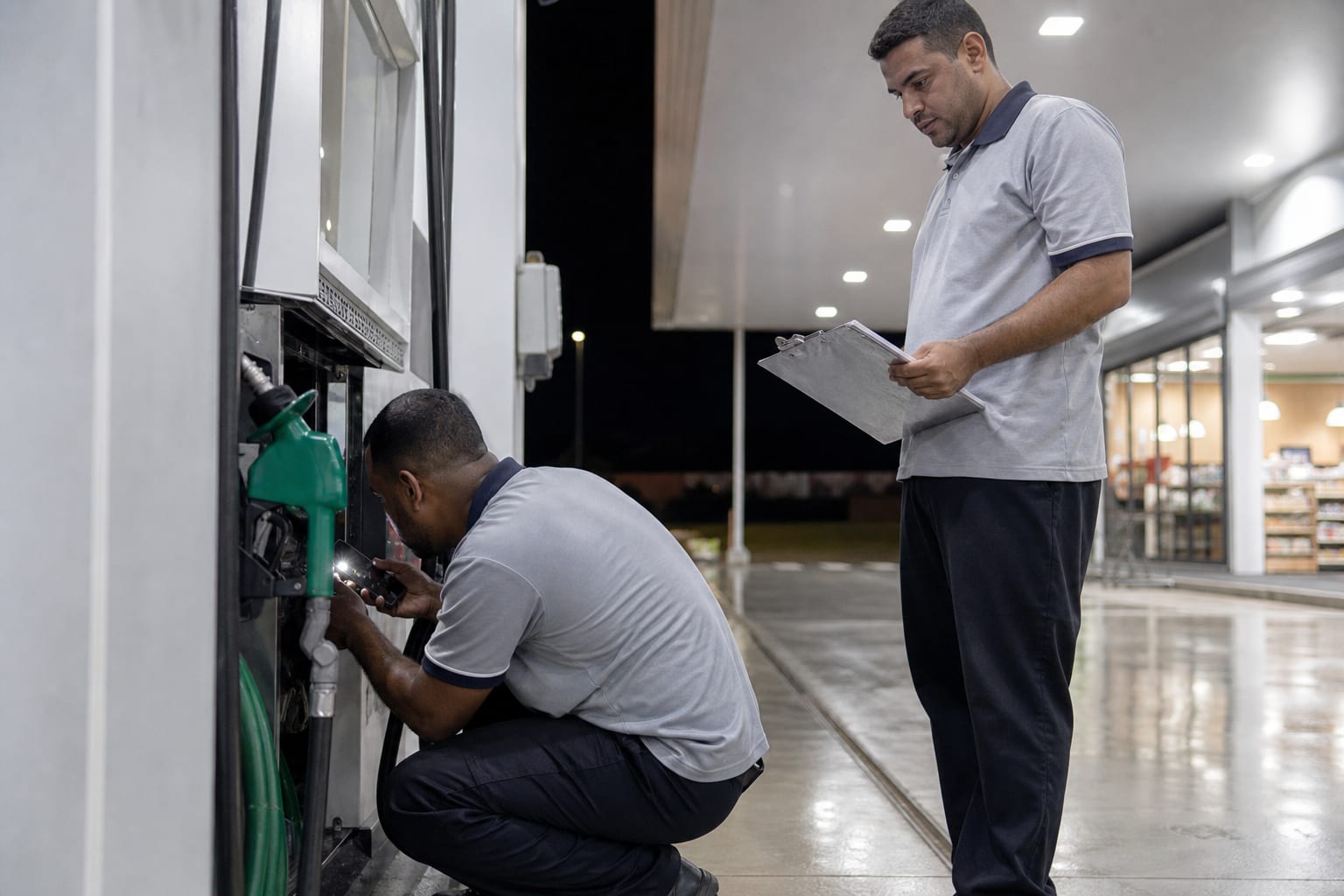 Dois frentistas conferindo a bomba de combustível com lanterna de celular durante a troca de turno à noite
