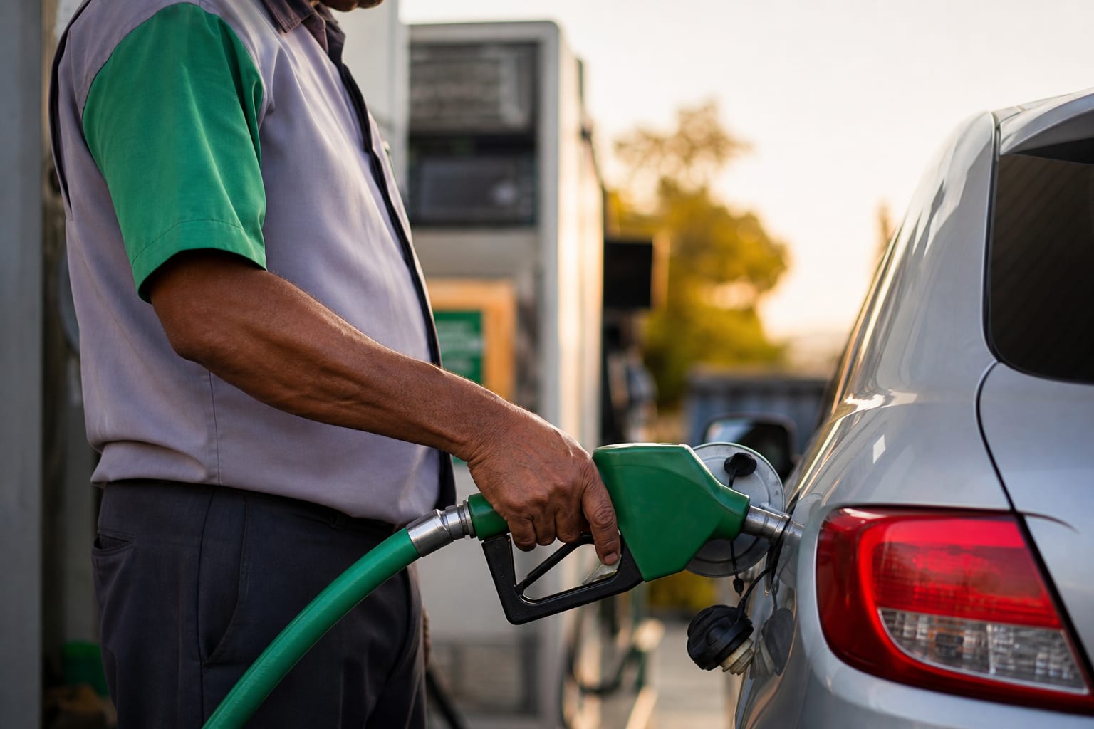 Frentista abastecendo um carro popular com o bico encaixado no bocal do tanque